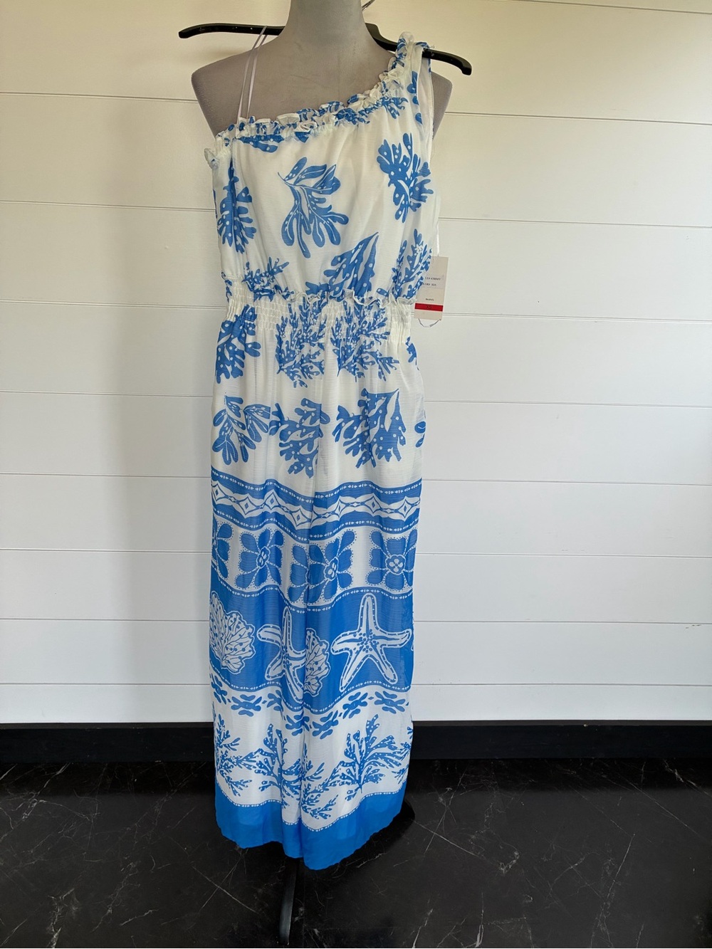 Taylor One-Shoulder Blue and White Jumpsuit. Sz Medium NWT